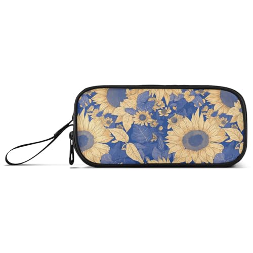 Federmäppchen für Teenager, mit Sonnenblumen-Motiv, Nylon, große Kapazität, Federmäppchen für Mädchen, Schreibwaren für elementare Teenager, Blau und goldfarben von Amooorous