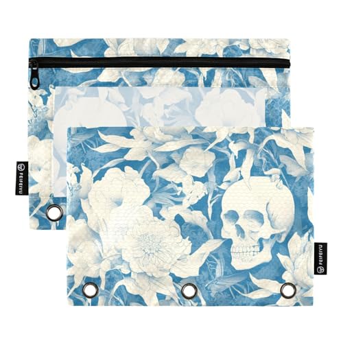Federmäppchen für Teenager mit transparentem Fenster, blau und weiß, Totenkopf-Rose, Reißverschluss, großes Fassungsvermögen, 3-fach gelocht, Ordner zur Aufbewahrung von Schul- und Bürobedarf von Amooorous
