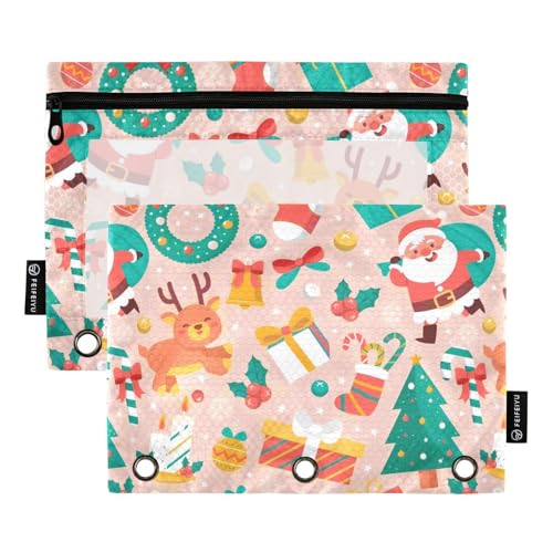 Federmäppchen mit 3 Löchern, durchsichtigem Fenster, Pfirsichfarben, Frohe Weihnachten, Party, großes Federmäppchen mit Reißverschluss, transparentes Fenster und Ösen, 3 Ringe, Reißverschlussbinder von Amooorous