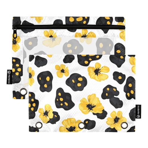 Federmäppchen mit 3 Löchern für Ordner mit transparentem Fenster, Leopardenhaut, gepunktete Blätter, Blumenmuster, große und stabile Taschen, 3-fach gelocht, für Schule, Büro und Zuhause, mehrfarbig von Amooorous