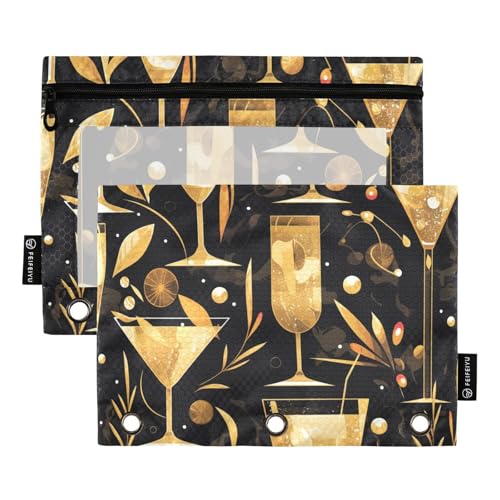 Federmäppchen mit 3 Löchern für Ordner mit transparentem Fenster, Schwarz und Gold, Zitronengelb, Cocktail-Bleistifttaschen mit Reißverschluss, verstärkte Ösen, 3 Ringe, Ordner, Schule, Klasse, Büro von Amooorous