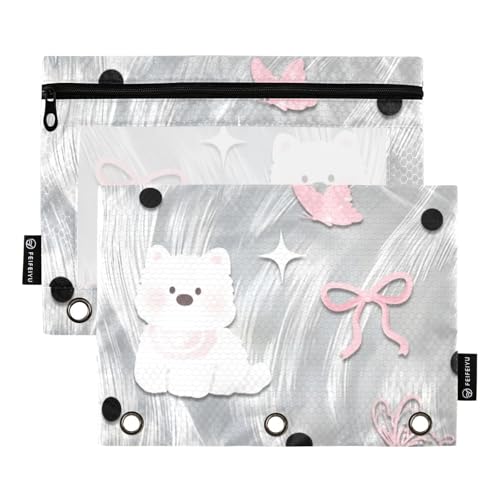 Federmäppchen mit 3 Löchern für Ordner mit transparentem Fenster, pfirsichfarbene Schleife, weißes Kätzchen, großes Federmäppchen mit Reißverschluss, groß und stabil, 3-fach gelocht, Ordner für Büro von Amooorous