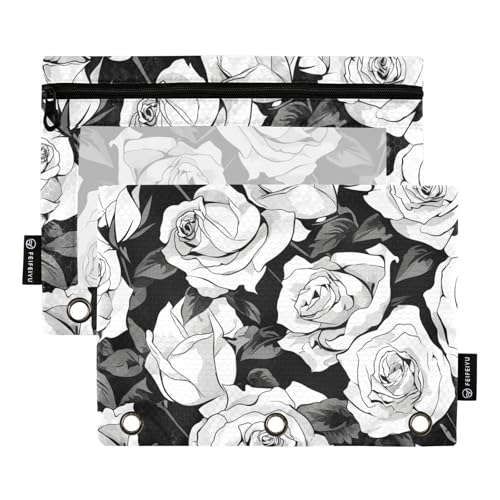 Federmäppchen mit 3 Löchern und transparentem Fenster, Schwarz und Weiß, einfache Rose, großes Federmäppchen, großes Fassungsvermögen, 3-Loch-Binder zur Aufbewahrung von Schule, Studenten von Amooorous