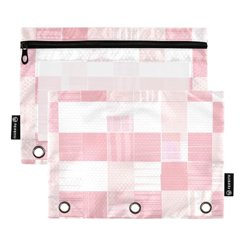 Federmäppchen mit 3 Löchern und transparentem Fenster, helles Rouge und weißes Karomuster, mit Reißverschluss, verstärkte Ösen, 3 Ringe für Büro, Schule, Kosmetik von Amooorous