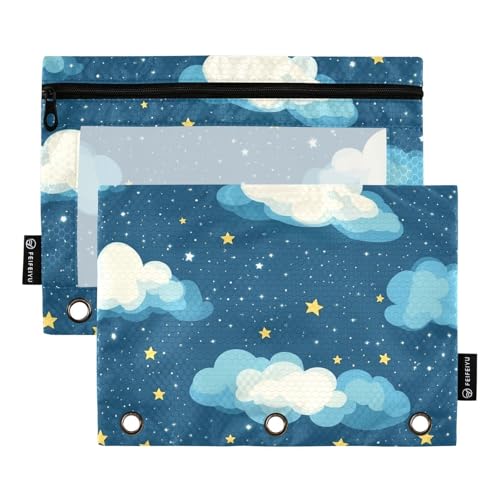 Federmäppchen mit 3 Ringen für Ordner mit klarem Fenster, Himmel und Sternen, modernes Stoff-Federmäppchen in verschiedenen Farben, 3 Ringe für Schule, Büro und Zuhause, mehrfarbig, 2 Stück von Amooorous
