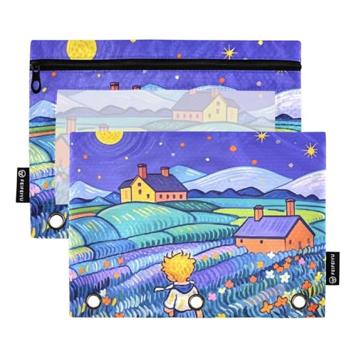 Federmäppchen mit 3 Ringen für Ordner mit transparentem Fenster, Cartoon, buntes Märchen, großes Federmäppchen, große Kapazität, 3-fach gelocht, für Bürobedarf, mehrfarbig, 2 Stück von Amooorous