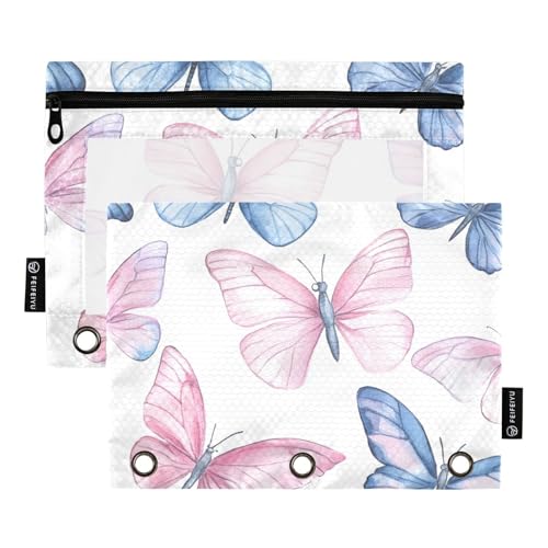 Federmäppchen mit 3 Ringen für Ordner mit transparentem Fenster, pfirsichblau, Schmetterlings-Organizer, große Kapazität, 3 Ringe, Ordner für Büro, Schule, Kosmetik, mehrfarbig, 2 Stück von Amooorous