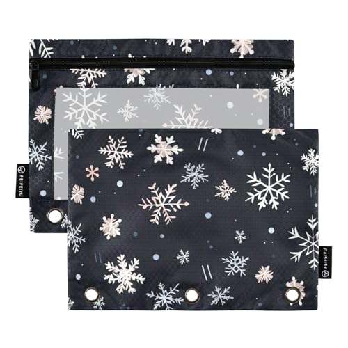Federmäppchen mit 3 Ringen für Ordner mit transparentem Fenster, weiße Weihnachts-Schneeflocken-Bleistiftbeutel, groß und stabil, 3-Ringe, Ordner für Klassenzimmer, Schule, Bürobedarf, mehrfarbig, 2 von Amooorous