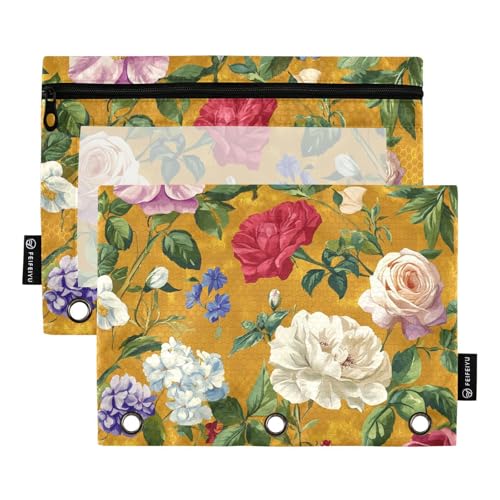 Federmäppchen mit 3 Ringen mit transparentem Fenster, Ölgemälde mit bunten Retro-Blumen, Reißverschluss, großes Fassungsvermögen, 3 Ringe, Federmäppchen für Büro, Schule, Kosmetik, mehrfarbig, 2 Stück Federmäppchen mit 3 Ringen mit transparentem Fenster, Ölgemälde mit bunten Retro-Blumen, Reißverschluss, großes Fassungsvermögen, 3 Ringe, Federmäppchen für Büro, Schule, Kosmetik, mehrfarbig, 2 Stück von Amooorous