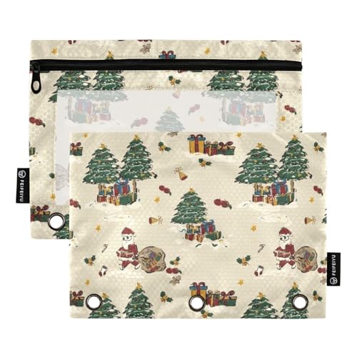 Federmäppchen mit 3 Ringen mit transparentem Fenster, braun, für Weihnachten, Party, große und stabile 3-fach gelochte Ordner, Schule, Klasse, Büro, Organizer, mehrfarbig, 2 Stück von Amooorous