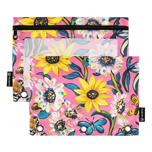 Federmäppchen mit 3 Ringen und transparentem Fenster, Ölgemälde mit gelben Retro-Sonnenblumen, Reißverschluss, transparentes Fenster und Ösen, 3 Ringe, Bindertasche zur Aufbewahrung von Schulstudenten Federmäppchen mit 3 Ringen und transparentem Fenster, Ölgemälde mit gelben Retro-Sonnenblumen, Reißverschluss, transparentes Fenster und Ösen, 3 Ringe, Bindertasche zur Aufbewahrung von Schulstudenten von Amooorous