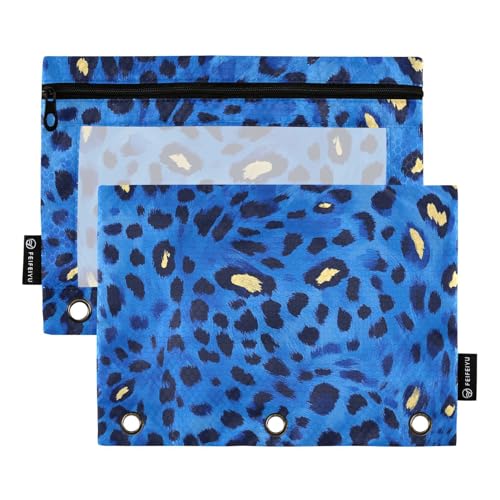 Federmäppchen mit 3 Ringen und transparentem Fenster, blaues Leopardenmuster, großes und stabiles 3-Ringbuch zur Aufbewahrung von Schulstudenten, Lehrerbedarf, mehrfarbig, 2 Stück von Amooorous