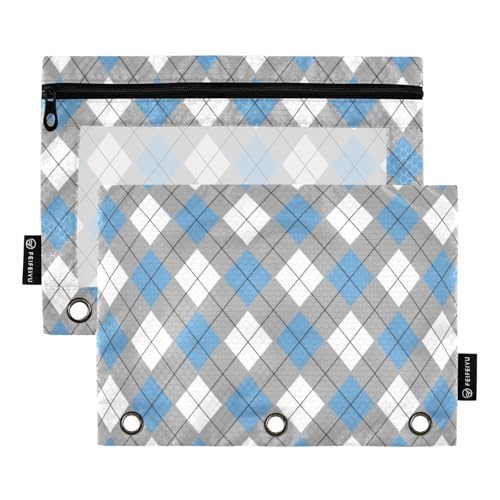 Federmäppchen mit 3 Ringen und transparentem Fenster, blaues und weißes Schachbrett, weiches Federmäppchen, groß und stabil, 3-Ringbuch für Schule, Büro und Zuhause, mehrfarbig, 2 Stück von Amooorous