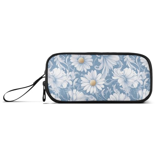 Federmäppchen mit Gänseblümchen-Motiv, Nylon, hohe Kapazität, für Teenager, Mädchen, Schule, Schreibwaren für Grundschullehrer, Blau und Weiß von Amooorous