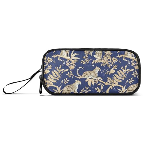 Federmäppchen mit Leopardenblättern, Nylon, groß, Reißverschluss, hohe Kapazität, Federmäppchen für Mädchen, Schule, Schreibwaren für adrette Schulmann, Blau und Gold von Amooorous