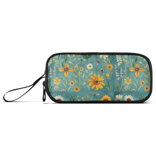 Federmäppchen mit Ölgemälde mit gelben Retro-Sonnenblumen, Nylon, großes Fassungsvermögen, Federmäppchen für Teenager, Schreibwaren-Organizer für Grundschullehrer von Amooorous