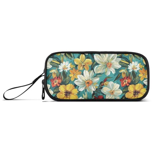 Federmäppchen mit Ölgemälde mit weißen Gänseblümchen, Nylon, große Kapazität, Schlitz, Federmäppchen, Schule, Schreibwaren für Bürofrau von Amooorous