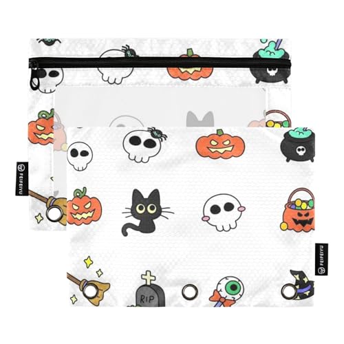 Federmäppchen mit Reißverschluss für 3 Ringe, mit transparentem Fenster, weiß, für Halloween, Party, Reißverschluss, Federmäppchen in verschiedenen Farben, 3 Ringe zur Aufbewahrung von Schul- und von Amooorous