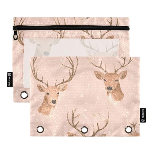 Federmäppchen mit Reißverschluss mit klarem Fenster Rotgold Weihnachten Hirsch Kunststoff Federmäppchen groß und robust 3 Ringe Ordner für Lagerung Schule Bürobedarf mehrfarbig 2 Stück von Amooorous