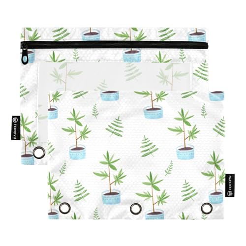 Federmäppchen mit Reißverschluss und transparentem Fenster, Cartoon-Topfpflanze, Kunststoff-Federmäppchen, groß und stabil, 3 Ringe, Bindertasche für Bürobedarf, mehrfarbig, 2 Stück von Amooorous