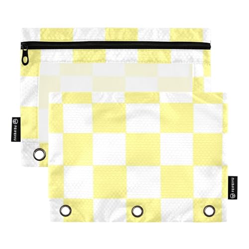 Federmäppchen mit Reißverschluss und transparentem Fenster, Gelb und Weiß, amerikanisches Karomuster, mit Reißverschluss, verstärkte Ösen, 3 Ringe, Ordnertasche für Klassenzimmer, Schule, Bürobedarf von Amooorous
