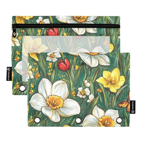 Federmäppchen mit Reißverschluss und transparentem Fenster, Ölgemälde mit weißen Gänseblümchen, Federmäppchen in verschiedenen Farben, 3 Ringe, Ordner für Bürobedarf, mehrfarbig, 2 Stück von Amooorous