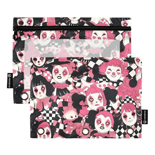 Federmäppchen mit Reißverschluss und transparentem Fenster, Schwarz und Pfirsich, japanische Cartoon-Puppe, Kunststoff, großes und stabiles 3-Loch-Ordner für Schule, Büro und Zuhause, mehrfarbig, 2 von Amooorous