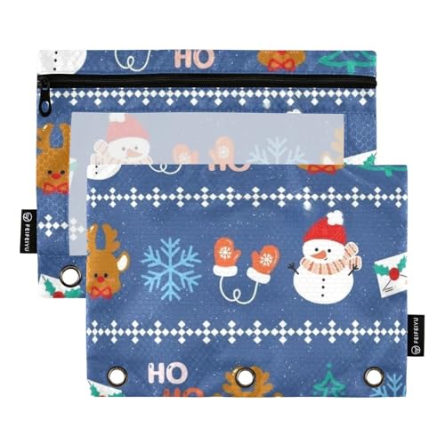 Federmäppchen mit Reißverschluss und transparentem Fenster, blau, Frohe Weihnachten, Party, Reißverschluss, transparentes Fenster und Ösen, 3 Ringe, Bindertasche für Bürobedarf, mehrfarbig, 2 Stück von Amooorous