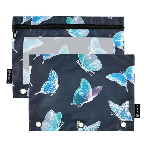 Federmäppchen mit Reißverschluss und transparentem Fenster, blaues Schmetterlingsmappen, groß und stabil, 3 Ringe, Federmäppchen für Klassenzimmer, Schule, Bürobedarf, mehrfarbig, 2 Stück von Amooorous