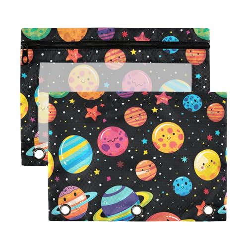 Federmäppchen mit Reißverschluss und transparentem Fenster, bunte Cartoon-Planeten, Federmäppchen in verschiedenen Farben, 3 Ringe für Büro, Schule, Kosmetik, mehrfarbig, 2 Stück von Amooorous