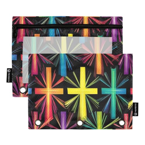 Federmäppchen mit Reißverschluss und transparentem Fenster, buntes Kreuz-Design, großes und stabiles Federmäppchen, 3 Schulklassen, Büro, Organizer, mehrfarbig, 2 Stück von Amooorous
