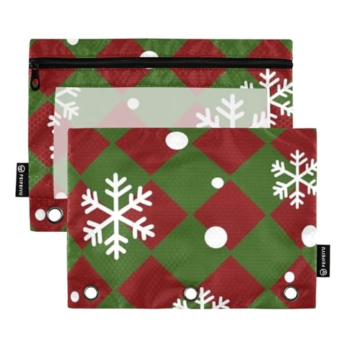 Federmäppchen mit Reißverschluss und transparentem Fenster, rot und grün, Weihnachts-Quadrate, Reißverschluss-Federmäppchen in verschiedenen Farben, 3 Ringe, Bindertasche zur Aufbewahrung von Schul von Amooorous