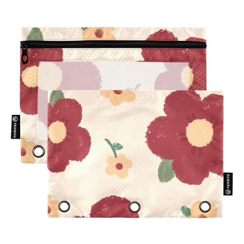 Federmäppchen mit Reißverschluss und transparentem Fenster, rote Blume, weiches Federmäppchen, transparentes Fenster und Ösen, 3 Ringe, Ordnertasche für Klassenzimmer, Schule, Büro, mehrfarbig, 2 von Amooorous