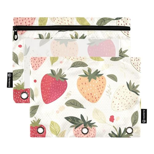 Federmäppchen mit Reißverschluss und transparentem Fenster, rote und weiße Erdbeerblätter, Reißverschluss, großes Fassungsvermögen, 3-fach gelocht, für Klassenzimmer, Schule, Bürobedarf, mehrfarbig, 2 von Amooorous