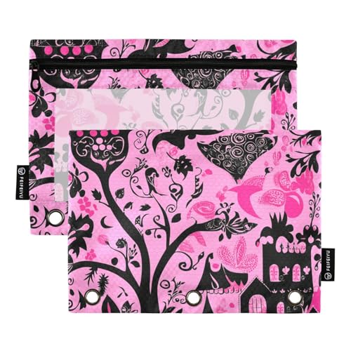 Federmäppchen mit Reißverschluss und transparentem Fenster, schwarz und pfirsichfarben, Halloween-Schloss, großes und stabiles Federmäppchen, 3 Schulklassen, Büro, Organizer, mehrfarbig, 2 Stück von Amooorous