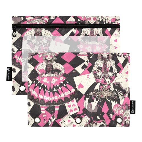 Federmäppchen mit Reißverschluss und transparentem Fenster, schwarz und pfirsichfarben, Zirkus, Cartoon-Puppe, Ringe, Ordner mit Taschen, groß und stabil, 3-Ring-Ordner zur Aufbewahrung von Schul- und von Amooorous