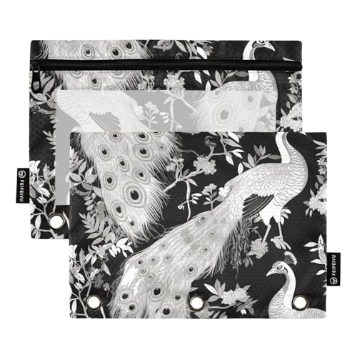 Federmäppchen mit Reißverschluss und transparentem Fenster, schwarz-weißer Pfau, großes Federmäppchen mit Reißverschluss, großes Fassungsvermögen, 3 Ringe, Ordner für Klassenzimmer, Schule, Bürobedarf von Amooorous
