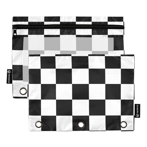 Federmäppchen mit Reißverschluss und transparentem Fenster, schwarz-weißes Karomuster, großes Federmäppchen, großes Fassungsvermögen, Ordner, 3 Ringe, für Bürobedarf, mehrfarbig, 2 Stück von Amooorous