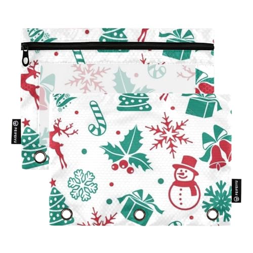 Federmäppchen mit Reißverschluss und transparentem Fenster, weiß, für Weihnachten, Party, 3 Ringe, Ordner für Büro, Schule, Kosmetik, mehrfarbig, 2 Stück von Amooorous