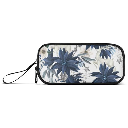 Federmäppchen mit Weihnachtsblumen, Nylon, große Kapazität, Federmäppchen für Teenager, Schreibwaren-Organizer für Mittelschule, Teenager, Blau und Weiß von Amooorous