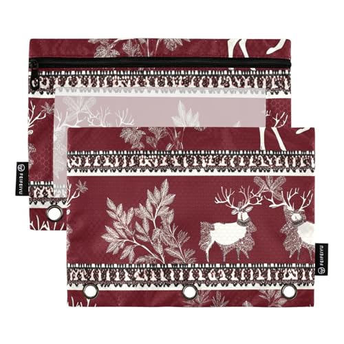 Federmäppchen mit klarem Fenster Vintage rot Weihnachten Hirsch Reißverschluss Federmäppchen mit Reißverschluss verstärkte Ösen Federmäppchen 3 für die Lagerung Schule Bürobedarf mehrfarbig 2 Stück von Amooorous