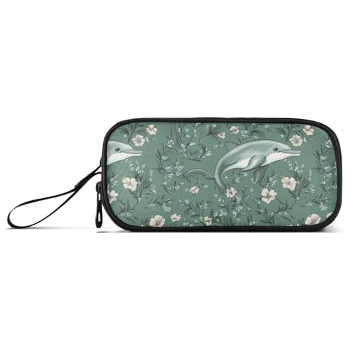 Federmäppchen mit süßem grünem Delfin-Motiv, Nylon, großer Reißverschluss, hohe Kapazität, Federmäppchen, Organizer, Schreibwaren-Tasche für Mittelschule, Teenager, Mädchen von Amooorous