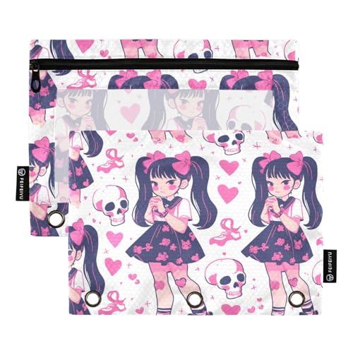 Federmäppchen mit transparentem Fenster, Cartoon, niedliches Puppen-Skelett, Federmäppchen mit Reißverschluss, verstärkte Ösen, Federmäppchen, 3 Ringe zur Aufbewahrung von Schulstudenten, Lehrerbedarf von Amooorous