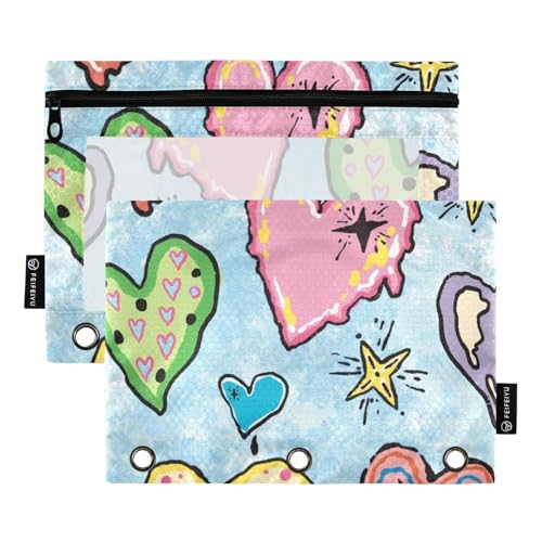 Federmäppchen mit transparentem Fenster, Ölgemälde, buntes Herz, Stoff-Federmäppchen, transparentes Fenster und Ösen, drei Ringe, Ordner zur Aufbewahrung von Schule, Studenten, Lehrerbedarf von Amooorous