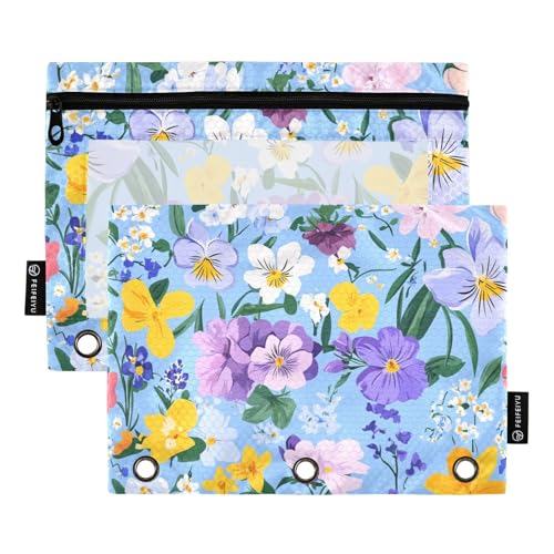 Federmäppchen mit transparentem Fenster, Ölgemälde mit Retro-Blumen in Blau, Federmäppchen, groß und stabil, 3 Ringe, Federmäppchen für Bürobedarf, mehrfarbig, 2 Stück von Amooorous