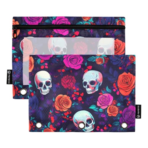 Federmäppchen mit transparentem Fenster, buntes Rosen-/Totenkopf-Design, großes Fassungsvermögen, 3 Ringe, Federmäppchen für Büro, Schule, Kosmetik, mehrfarbig, 2 Stück von Amooorous