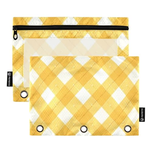 Federmäppchen mit transparentem Fenster, gelbes und weißes Traumraster, mit Reißverschluss, große und stabile Ordner, 3 Ringe zur Aufbewahrung von Schul- und Bürobedarf, mehrfarbig, 2 Stück von Amooorous