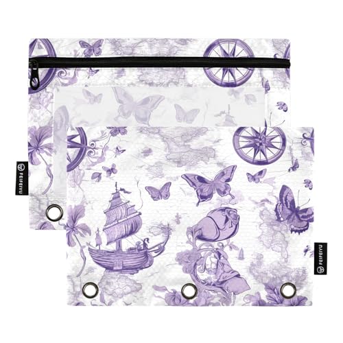 Federmäppchen mit transparentem Fenster, violetter Totenkopf-Schmetterling, Ringordner mit Taschen, großes und stabiles Federmäppchen, 3 zur Aufbewahrung von Schülern, Lehrerbedarf, mehrfarbig, 2 von Amooorous
