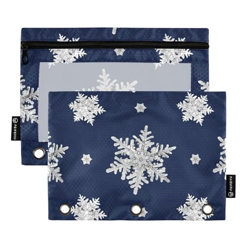 Federmäppchen mit transparentem Fenster, weiße Weihnachts-Schneeflocke, großes Federmäppchen in verschiedenen Farben, 3 Ringe, Federmäppchen für Klassenzimmer, Schule, Bürobedarf, mehrfarbig, 2 Stück von Amooorous