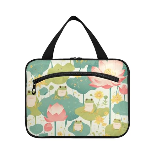 Fresh Spring Kulturbeutel für Herren, Motiv: niedliche Frösche, Blume, zum Aufhängen, mit Haken, erweiterbare Designer-Kosmetiktasche für Damen, Rucksackreisen, Organizer de maquillaje para L von Amooorous